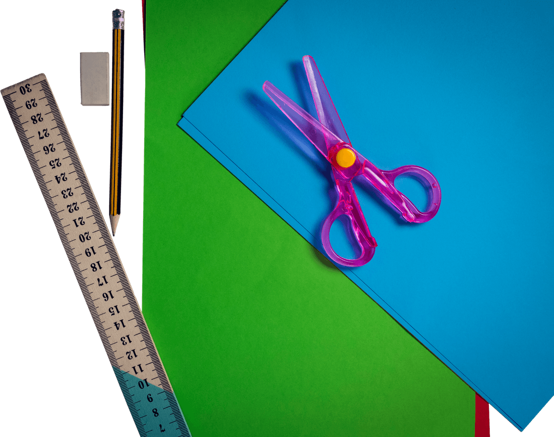 Transparent School Supplies Layout with Bright Paper and Pink Scissors