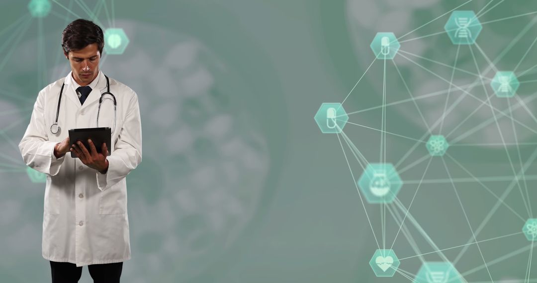 Doctor Utilizing Tablet with Medical Technology Graphics