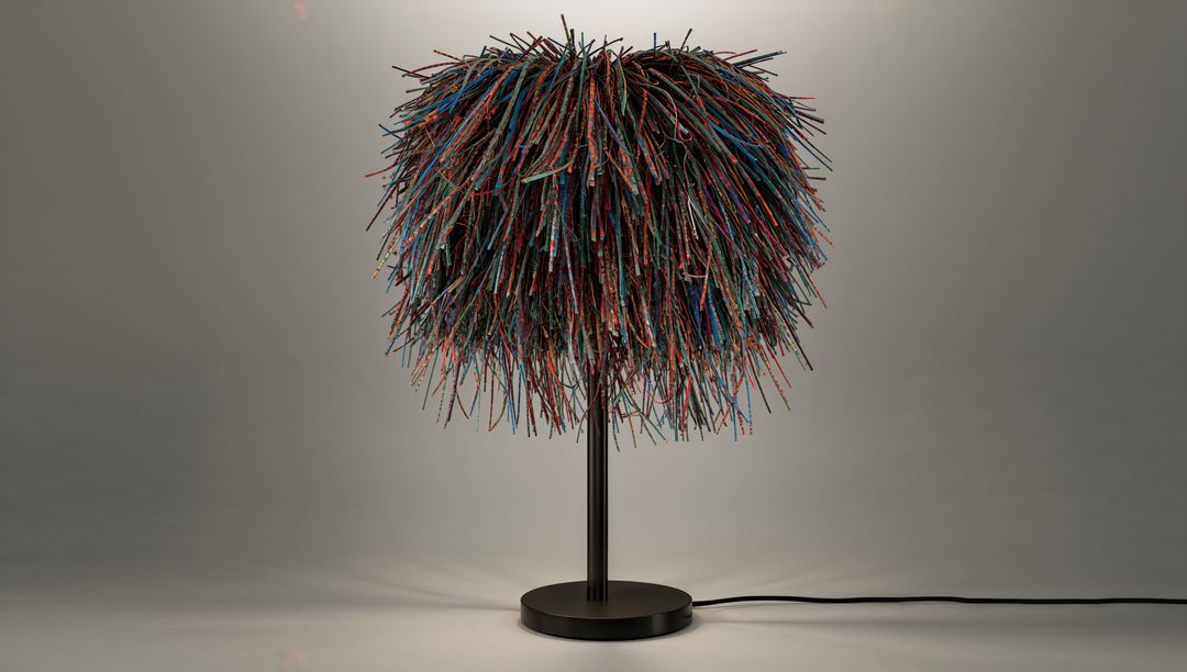 Colorful Shaggy Table Lamp with Multicolor Fiber Shade on Sleek Black Base Modern Accent