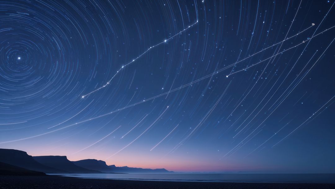 Celestial Star Trails Over Ocean at Twilight
