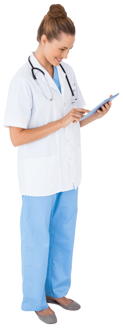Smiling Nurse Utilizing Tablet on Transparent Background