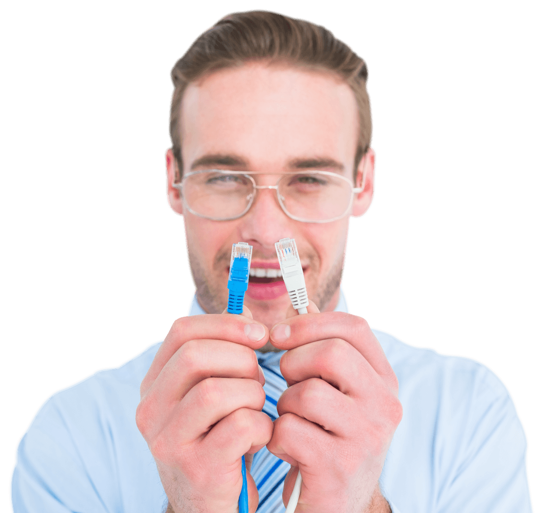 Transparent Theme: Man Holding Computer Cables with Focused Expression