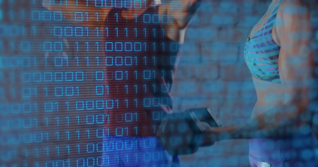 Female trainer holding tablet checking fitness data with binary overlay, wearable tech