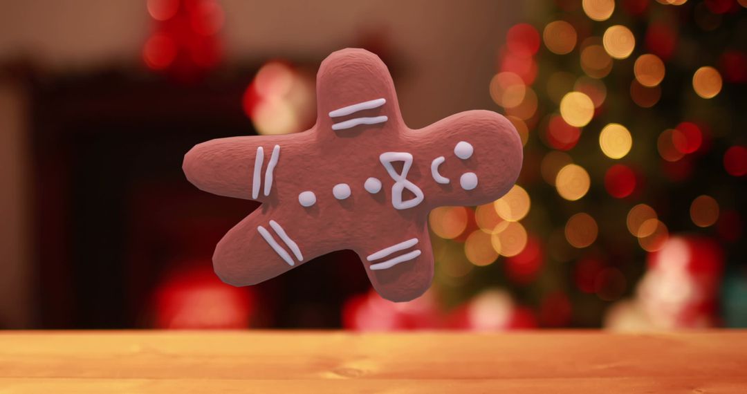 Gingerbread Cookie Floating with Festive Christmas Lights