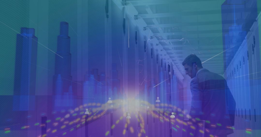 Engineer in Server Room with Futuristic Cityscape Overlay