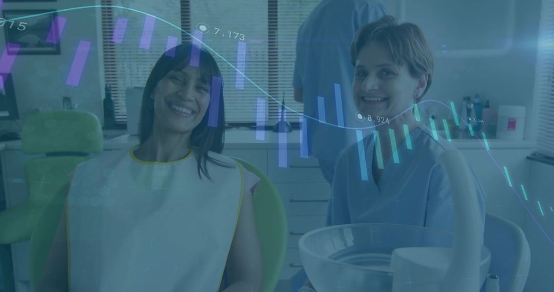 Happy Patient and Dentist with Financial Analysis Overlay in Clinic