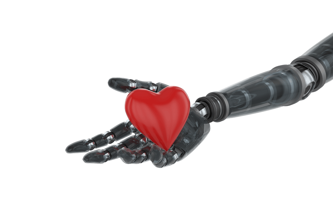 Transparent Cybernetic Arm Holding Heart Symbolizing Technology and Emotion