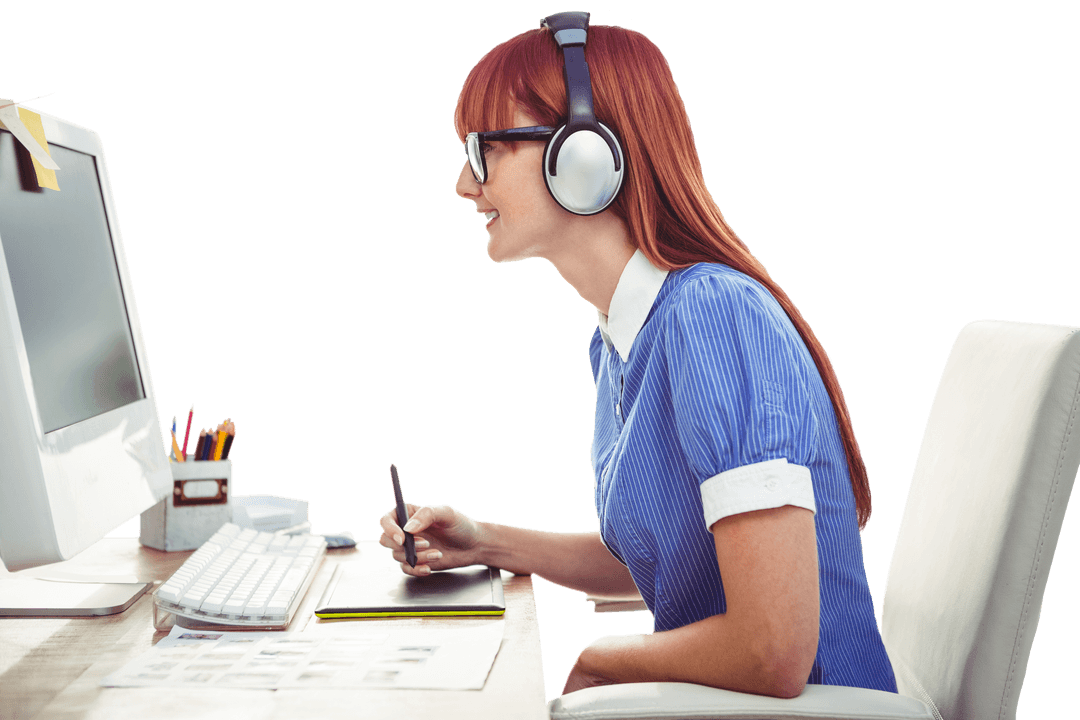 Transparent Hipster Designer with Headset at Work Station