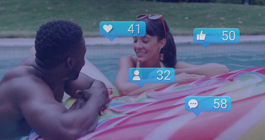 Joyful Couple Engaging with Social Media While Relaxing by Pool