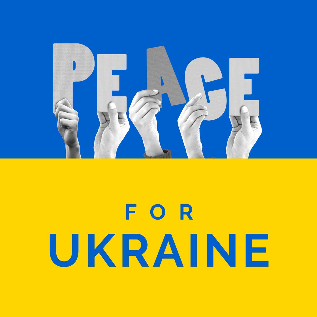 Hands Holding Peace Quote Over Ukraine Flag for Togetherness and Support
