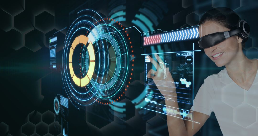 Woman Engaging with Futuristic Virtual Interface Using VR Headset