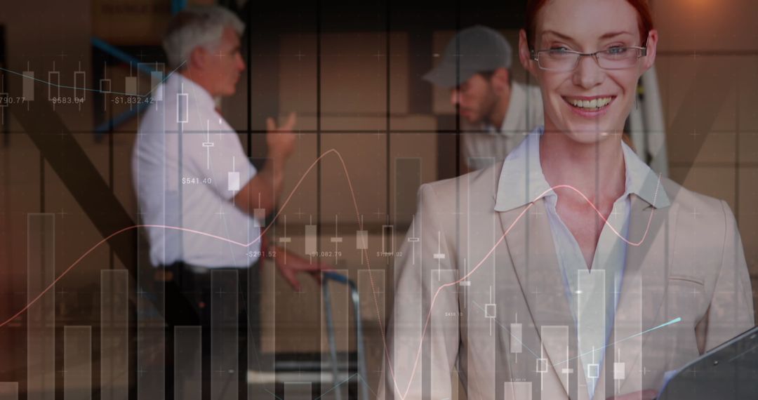 Smiling Businesswoman in Logistics with Data Overlay