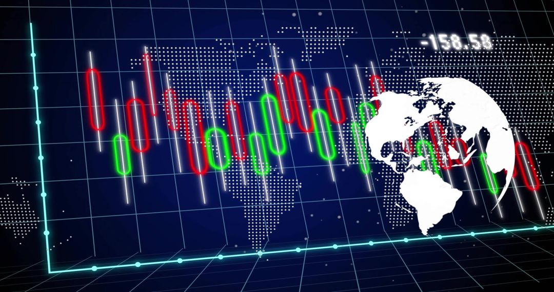 Pulsing Global Candlestick Market Chart on Neon 3D Grid with White Globe