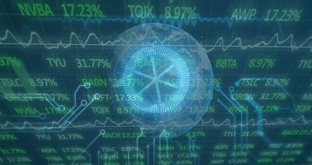 Digital Globe Overlay with Stock Market Data on Green Interface
