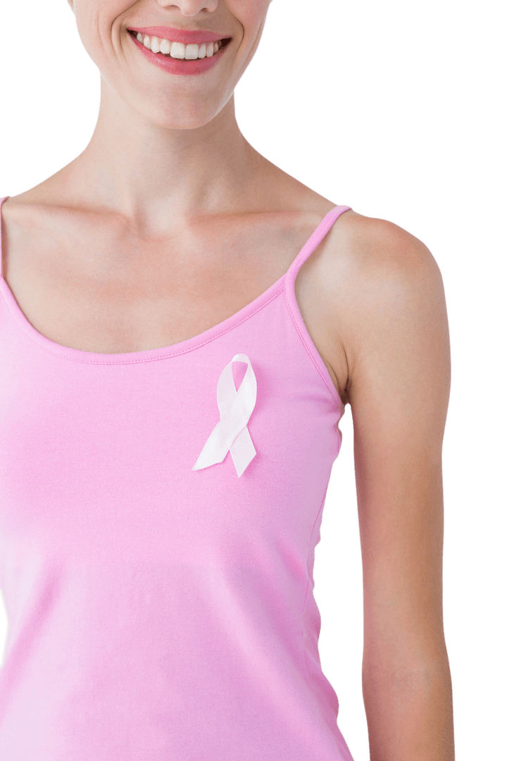 Transparent Background Woman Wearing Pink Ribbon for Awareness