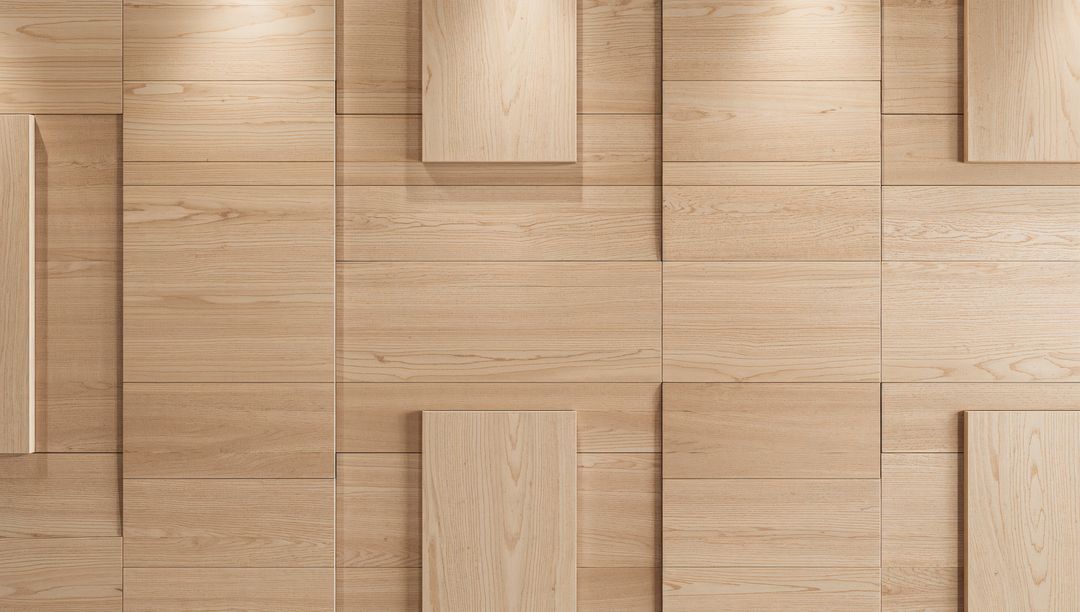Light Oak Geometric Wall Panels Creating Raised Rectangular Blocks and Wood Grain Texture