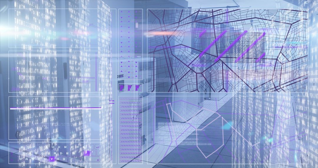 Futuristic Digital Interface with Server Room and Data Visualization