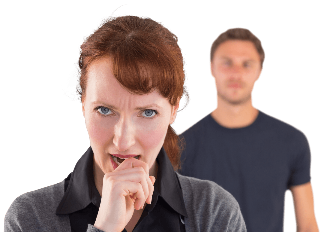 Concerned Woman with Man Standing Blur in Background Transparent