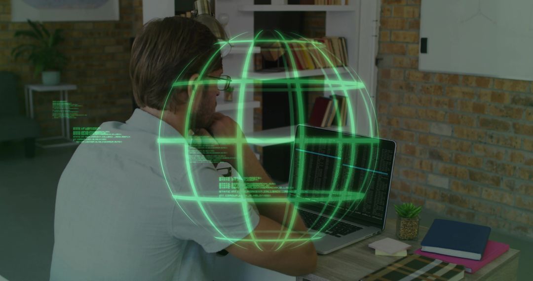 Developer Analyzing Code with Holographic Interface in Modern Office