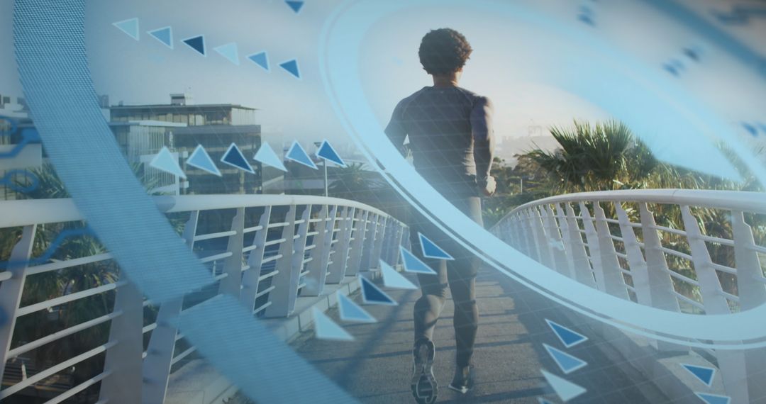 abstract data interface with man running on bridge - Free Images, Stock Photos and Pictures on Pikwizard.com
