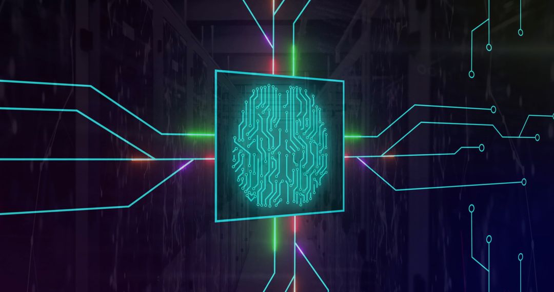 Neon Digital Network with Brain in Futuristic Server Room