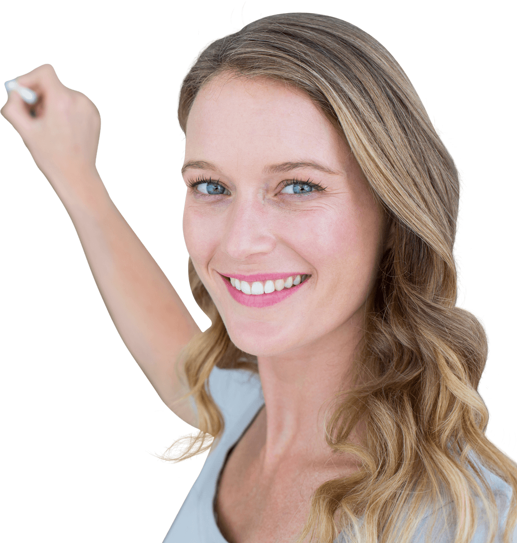Smiling Woman Holding Chalk on Transparent Background