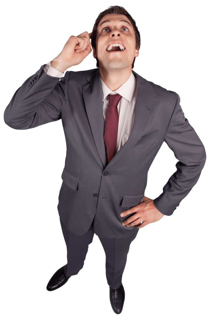 Happy Businessman Looking Upwards on Transparent Background