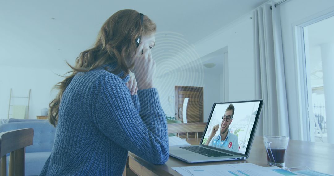 Woman at Desk with Virtual Biometric Security Hub