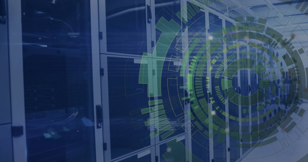 Digital Data Processing in Server Room with Futuristic Graphics