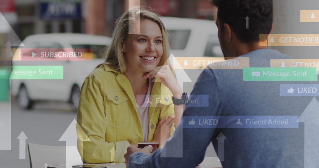 Happy Couple Interacting with Social Media Elements in a Cafe