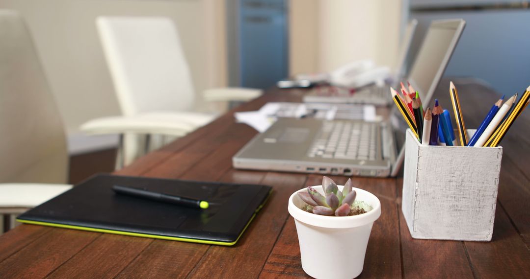 Modern Office Desk with Laptop, Stationery, and Succulent Plant - Free Images, Stock Photos and Pictures on Pikwizard.com