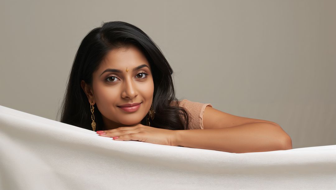 Charming South Asian Female Resting Elegantly with Minimalist Background