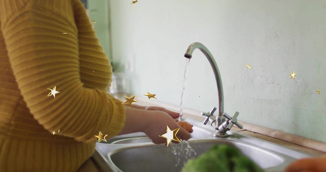 Rinsing Vegetables at Kitchen Sink with Golden Glow