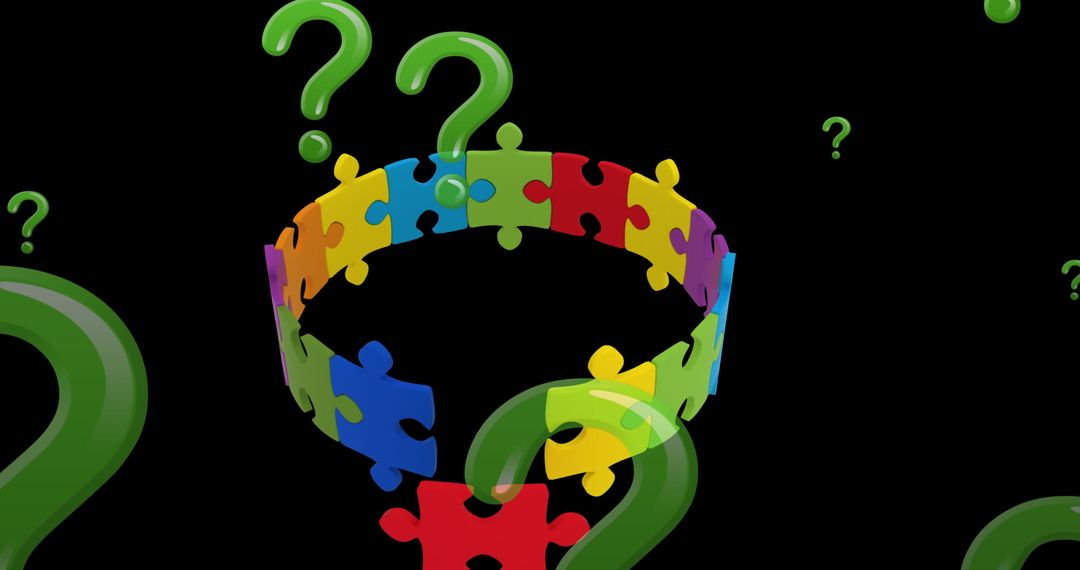 Colorful Puzzle Ring with Floating Question Marks on Black