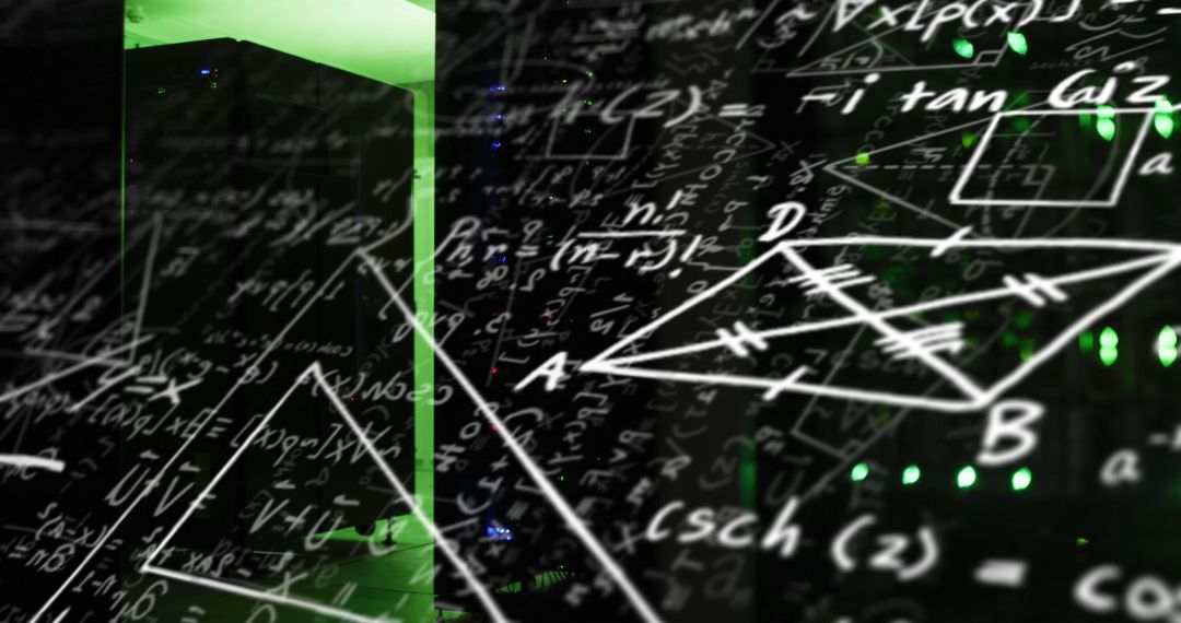 Complex Math Equations Superimposed on Illuminated Server Rack