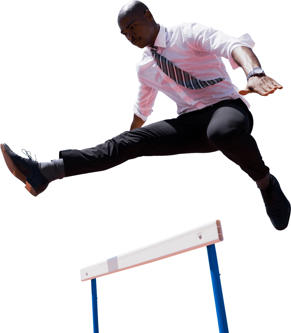 Businessman Clearing Hurdle in Dynamic Leap on Transparent Background