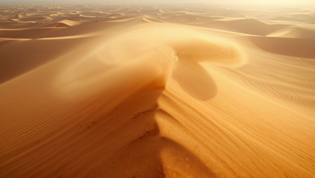 Golden Sand Dunes with Rippling Patterns in Remote Desert at Sunrise