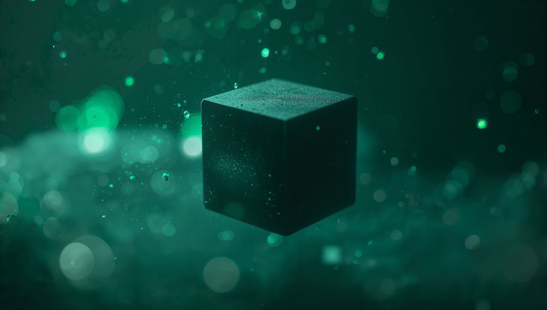 Floating Textured Cube in Green Abstract Space with Glowing Particles