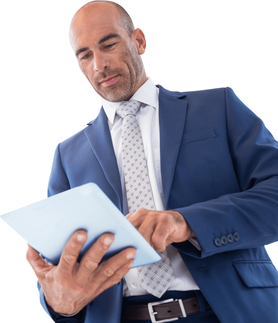 Businessman in Blue Suit Examining Transparent Tablet Display