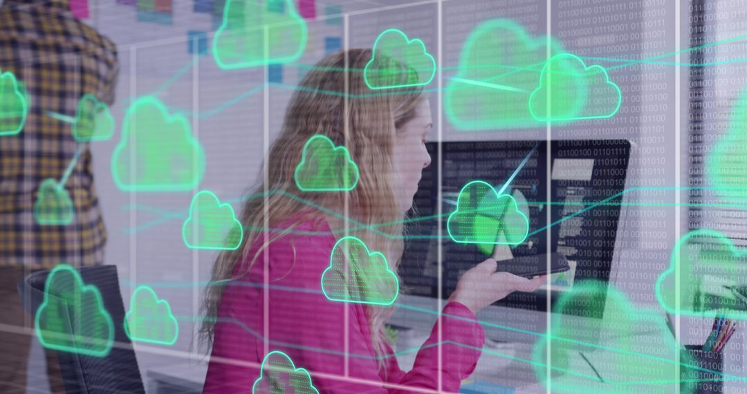 Woman Using Laptop Surrounded by Cloud Computing Symbols Hologram - Free Images, Stock Photos and Pictures on Pikwizard.com