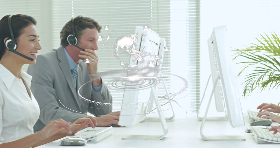 Customer Support Representatives With Futuristic Digital Interface
