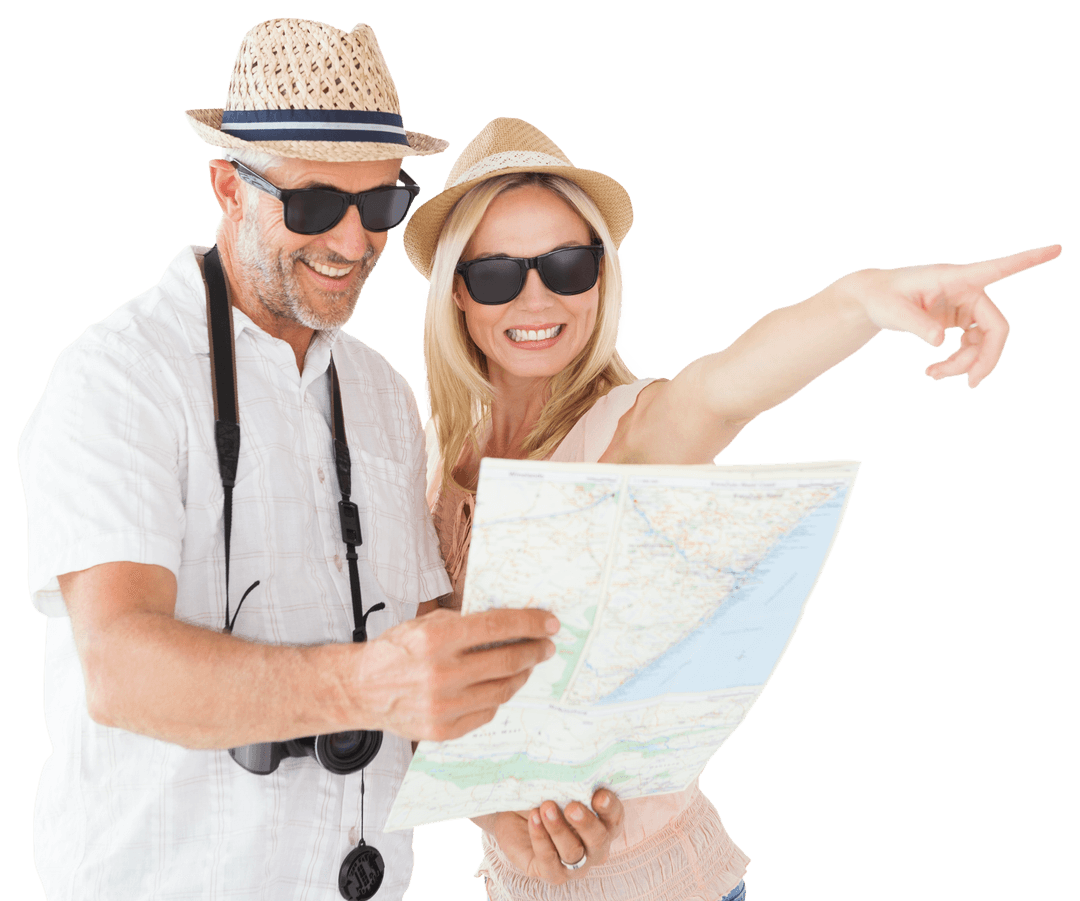 Happy Couple Exploring with Map and Pointing in Transparent Background