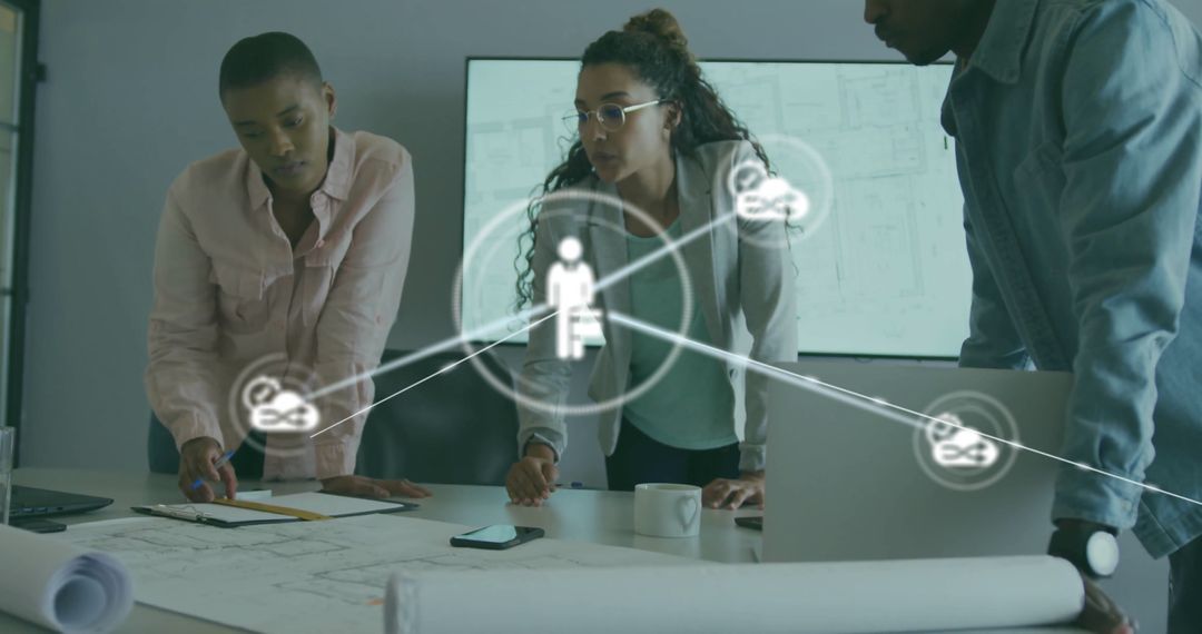 Colleagues Collaborating With Digital Network Overlay