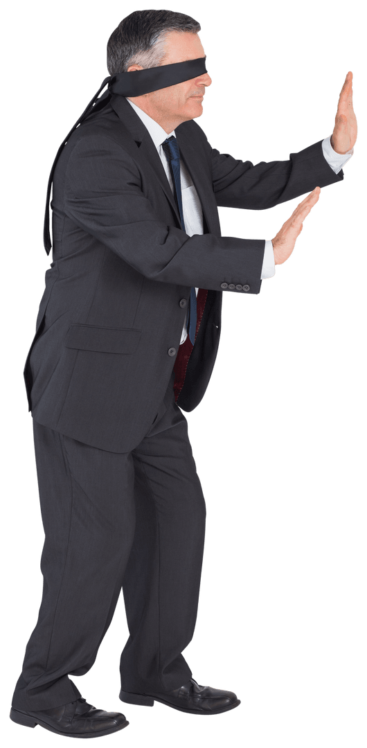 Businessman Blindfolded Wearing Suit Standing in Uncertainty on Transparent Background