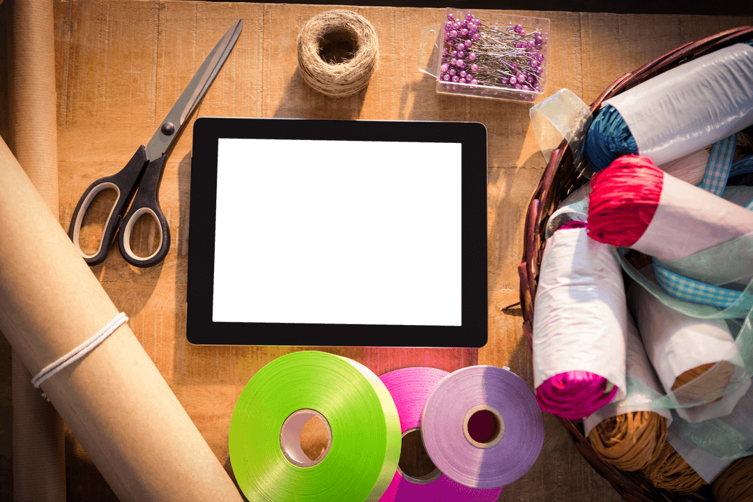 Crafting Table with Digital Tablet and Transparent Ribbons