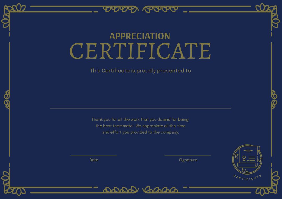 Elegant Appreciation Certificate Template with Gold Trim - Download Free Stock Templates Pikwizard.com