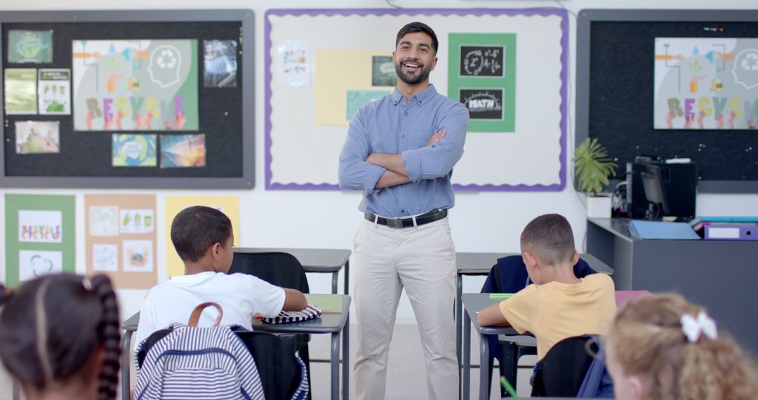 Confident Teacher Engaging With Diverse Students in Classroom Setting