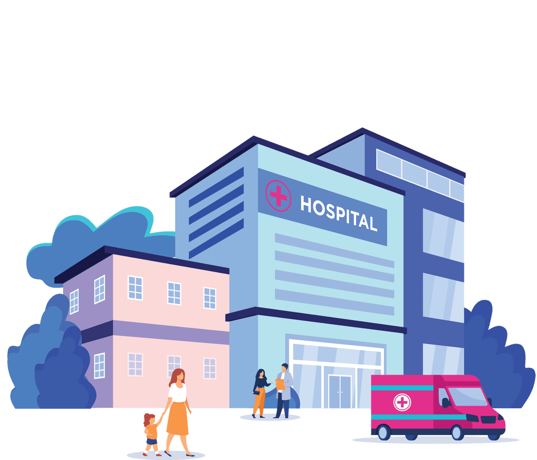 Modern Hospital Front with Ambulance on Transparent Background