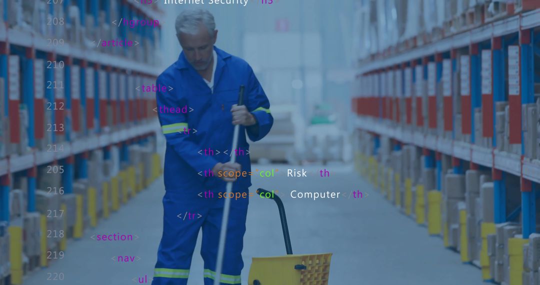 Warehouse Custodian Mopping Aisle with Code Overlay