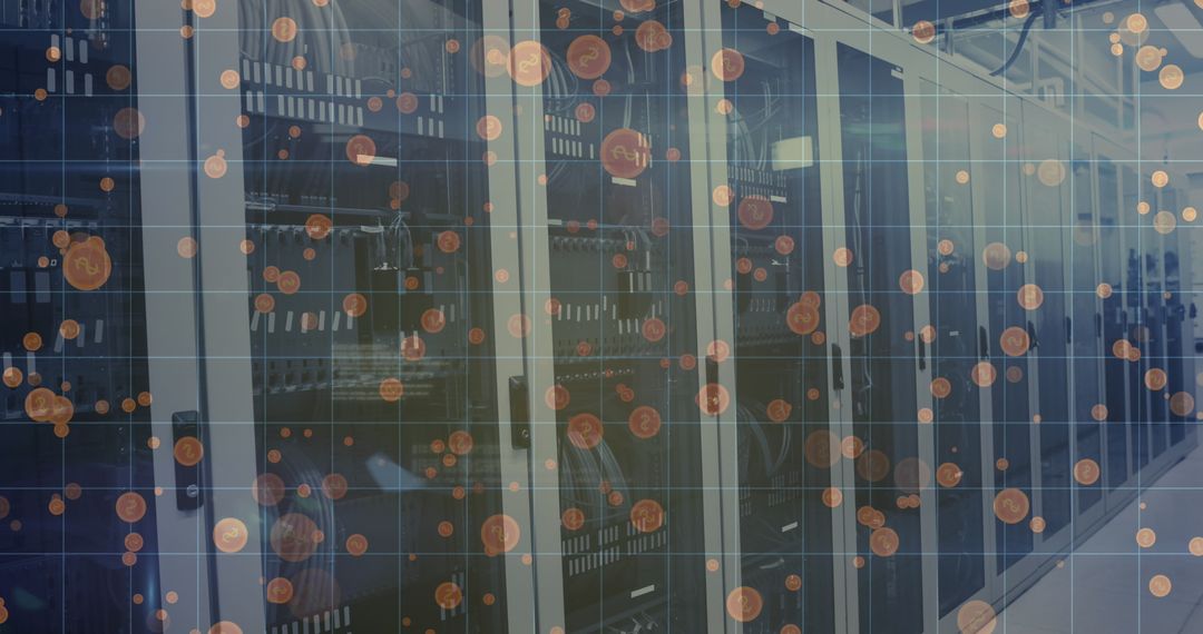 Coins and Data Overlay on Server Technology Background